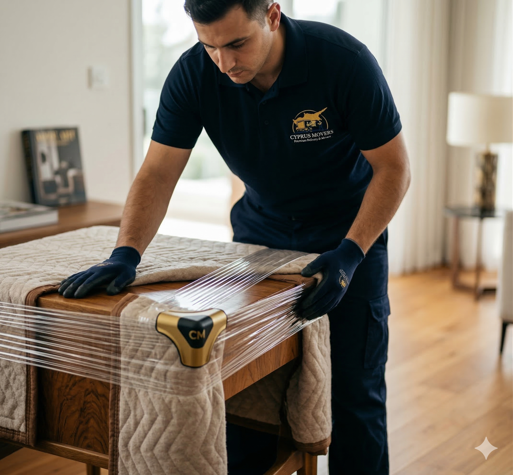 Professional mover carefully wrapping furniture